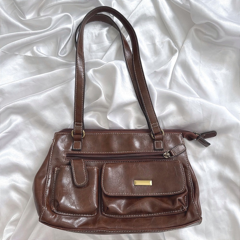 Vintage Brown Faux Leather Multi Pocket Shoulder Bag Y2K Utility Handbag